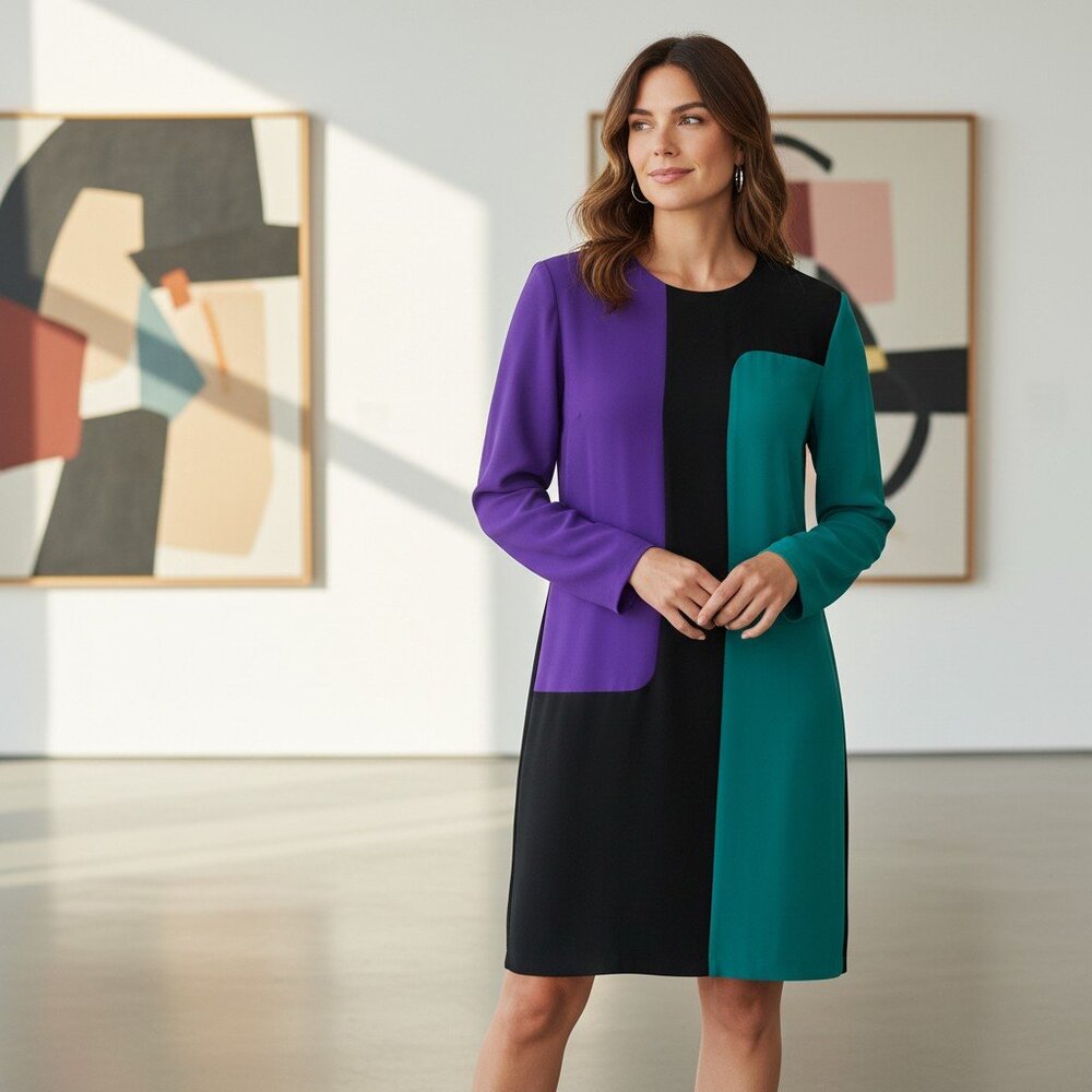 Vintage Sarah Taylor Women's 8 Color Block Long Sleeve Dress Shoulder Pad